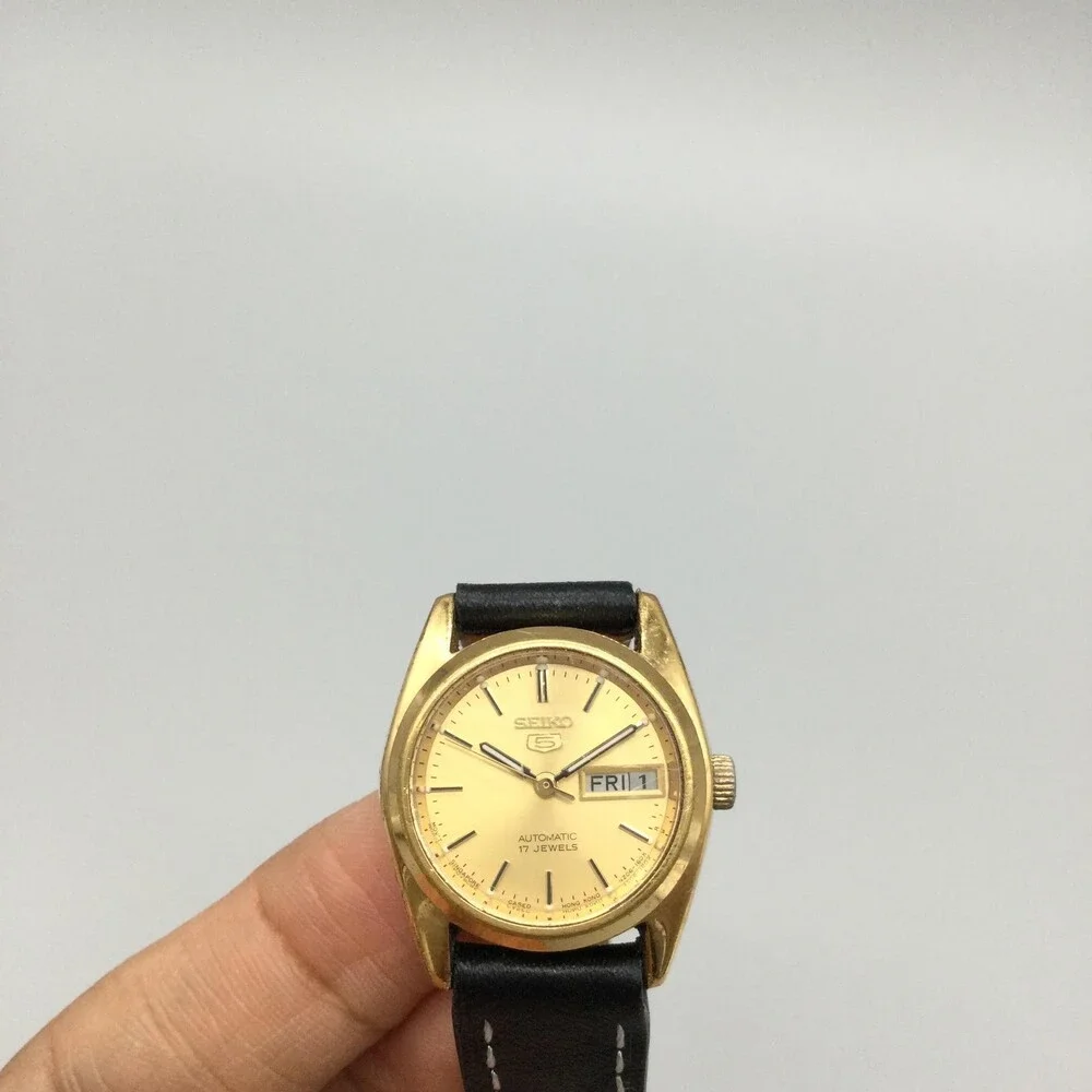 Vintage Seiko 5 Automatic 17j Womens Watch 23mm Gold Tone 4206-0339 Leather